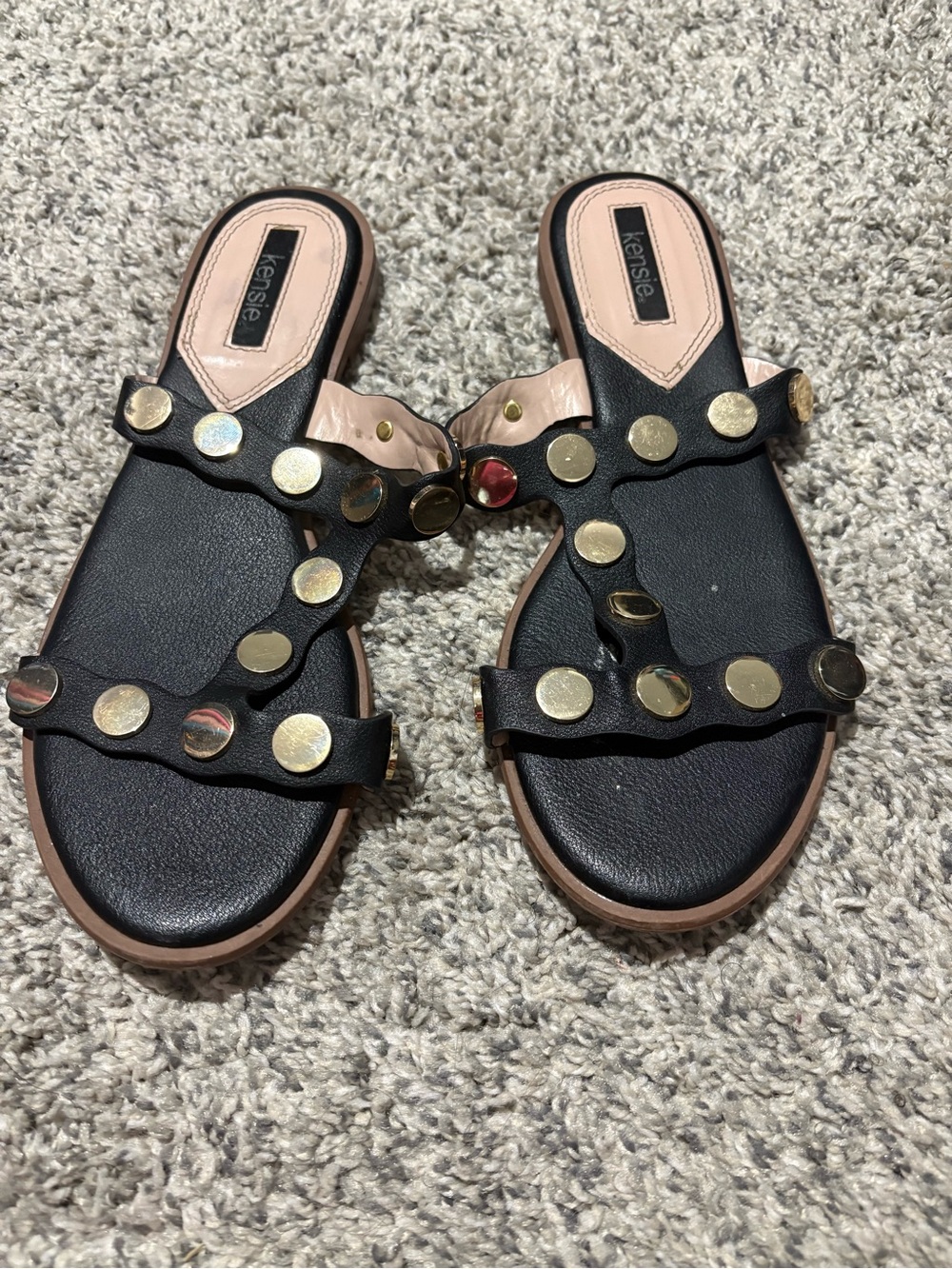 Kensie Black Slide Sandals with Gold Stud Accents
